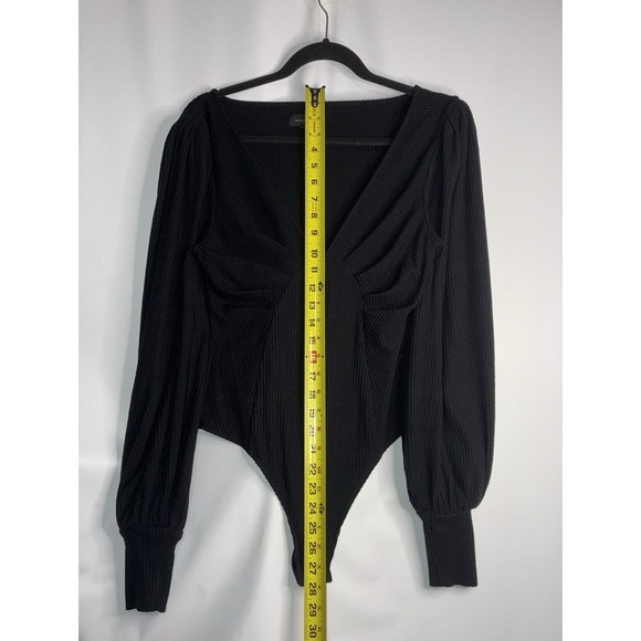 Majorelle Revolve Women's Medium Black Ribbed Long Puff Sleeve Bodysuit V Neck - Picture 8 of 8